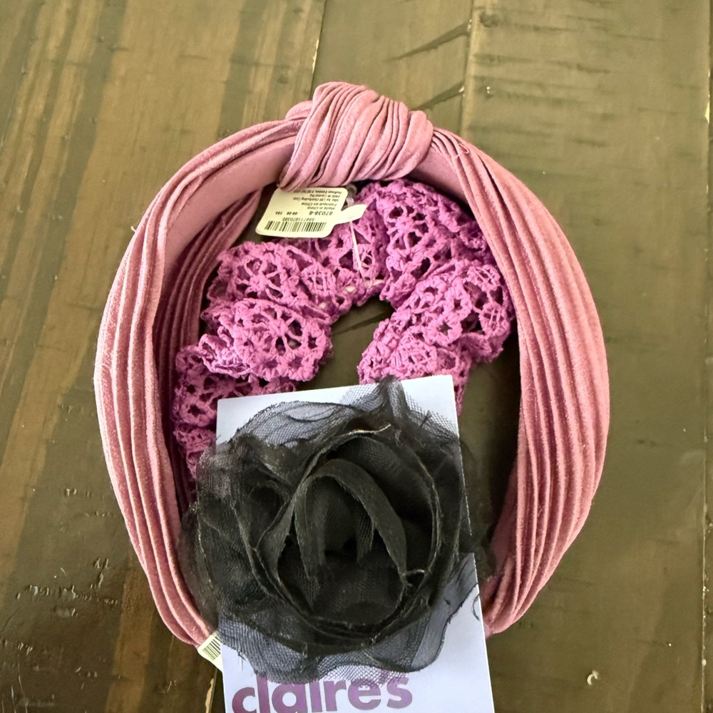 Claire's Pink Headband with Black Floral Accent